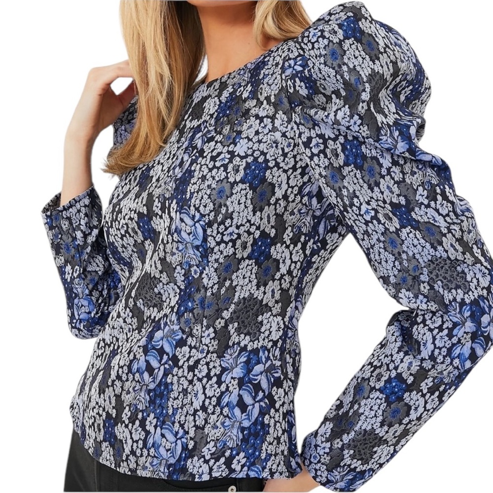 NWT Tuckernuck Hyacinth House Blue Jacquard Priscilla Puff Sleeve Top